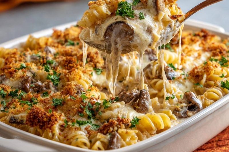 Cremiger Pilz-Fusilli-Auflauf