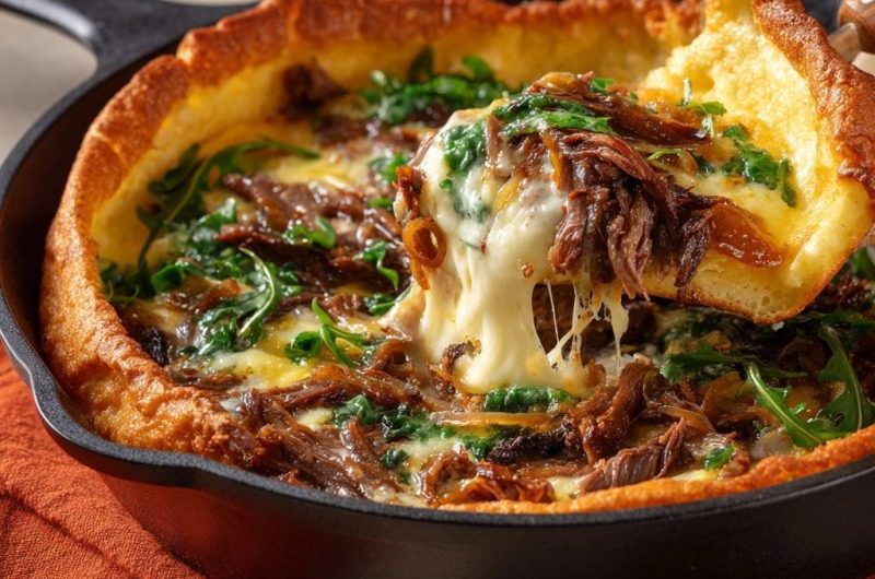 Dutch Baby mit pulled Rindfleisch, Zwiebeln und Rucola (Nie wieder zusammenfallend!)