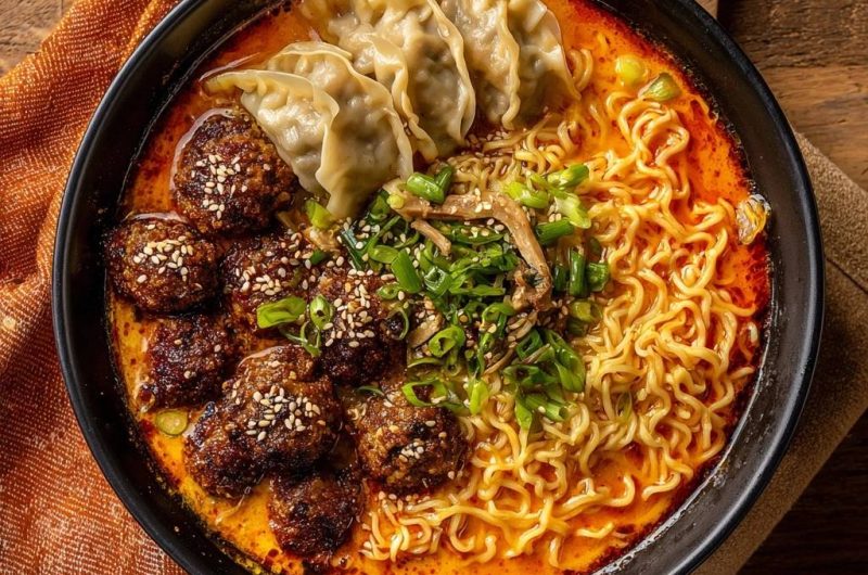 Feurige Fleischbällchen-Gyoza-Ramen