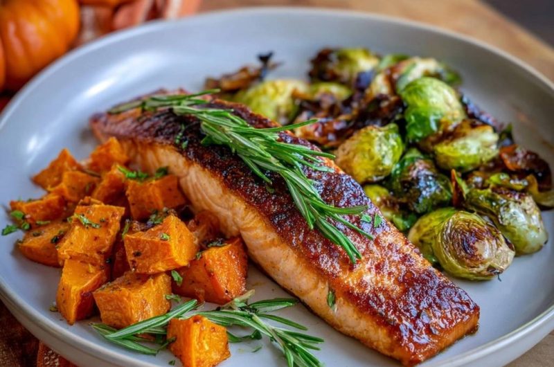 Herbstlicher Ofenlachs mit Süßkartoffeln und Rosenkohl (Nie wieder trockener Lachs!)