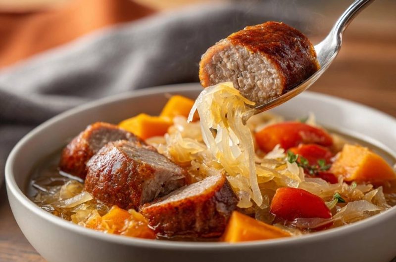 Herbstlicher Sauerkraut-Kürbis-Eintopf mit Würstchen