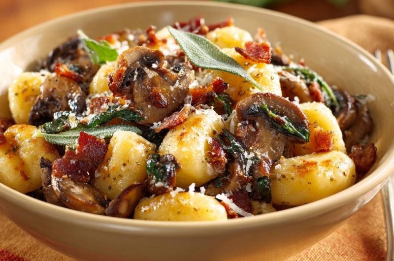 Knusprige Gnocchi mit Champignons, Speck und Spinat