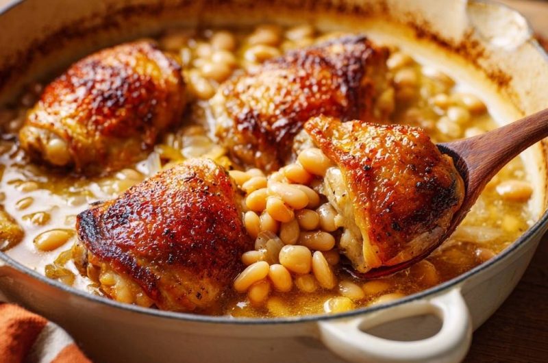 Knusprige Hähnchenschenkel mit weißen Bohnen