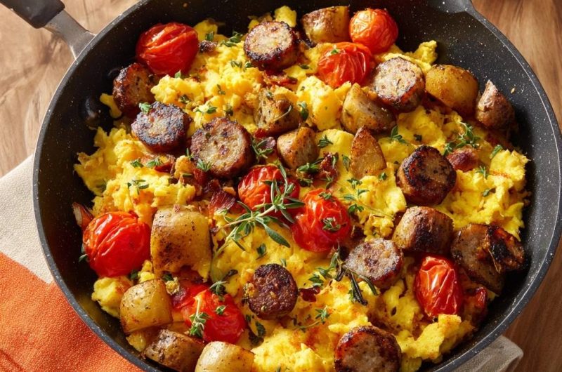 Knusprige Kartoffel-Wurst-Pfanne mit Rührei