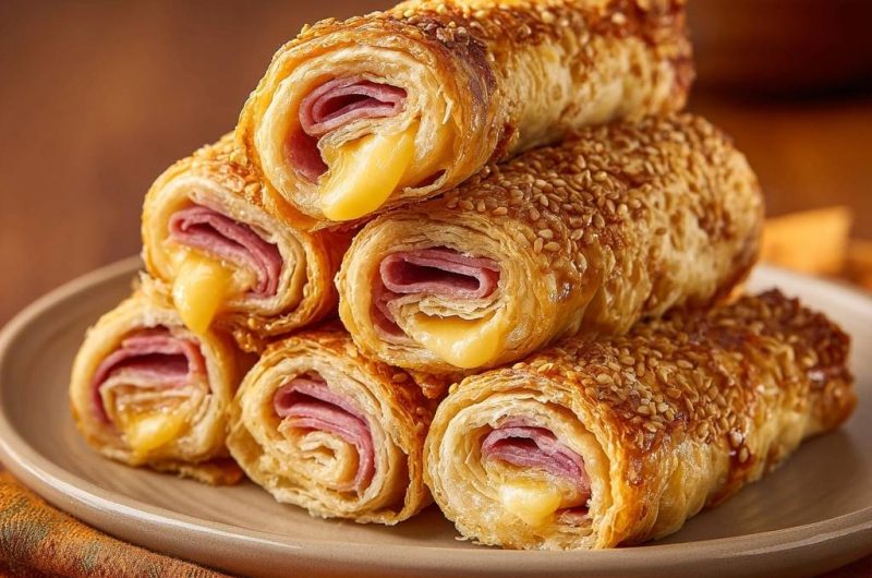 Knusprige Schinken-Käse-Sesam-Rollen (Nie wieder matschiger Blätterteig!)