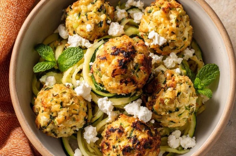 Knusprige Zucchini-Bällchen auf Zoodles mit Feta