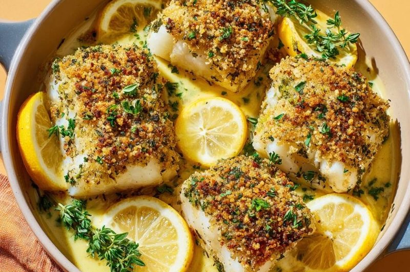 Knuspriger Kabeljau in cremiger Zitronen-Thymian-Sauce