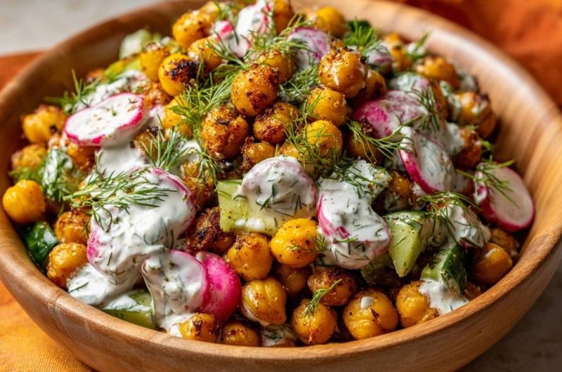 Knuspriger Kichererbsen-Salat mit Dill-Joghurt-Dressing