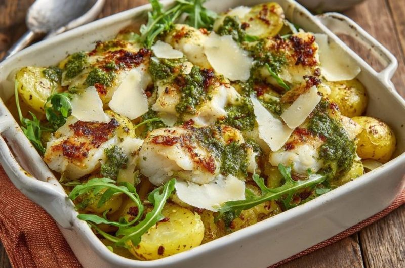 Knuspriger Pesto-Ofenfisch mit Babykartoffeln