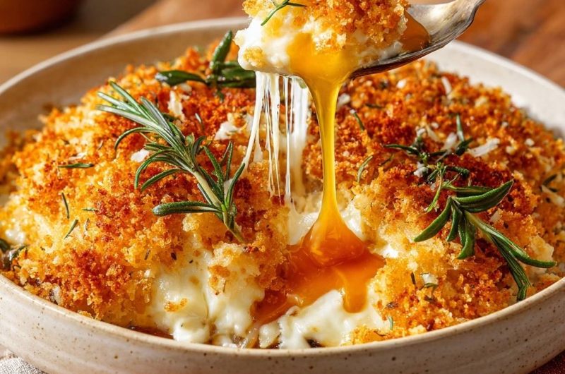 Knuspriger Rosmarin-Kartoffelgratin mit fließendem Ei