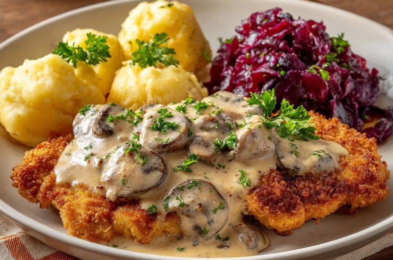 Knuspriges Schnitzel mit Pilzrahmsauce, Kartoffeln & Rotkohl