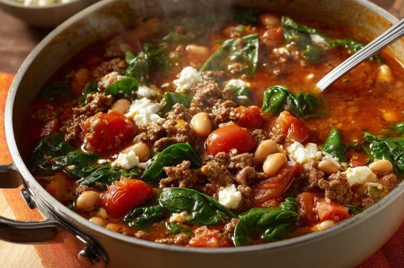 Mediterraner Hack-Spinat-Eintopf mit Bohnen & Feta