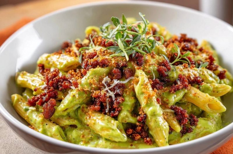 Penne mit cremigem Pesto und knusprigem Speck
