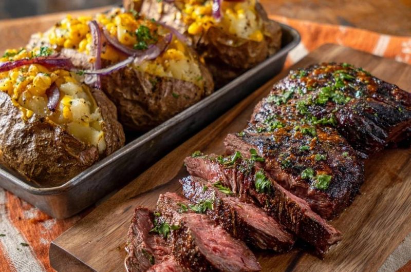 Saftiges Ribeye-Steak mit Mais-Käse-Ofenkartoffeln