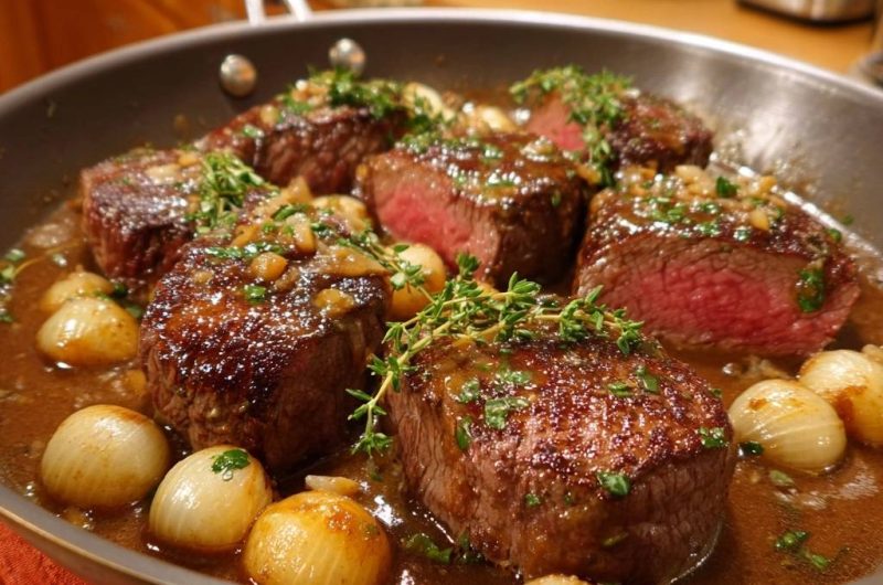 Saftiges Rinderfilet mit Perlzwiebeln, Knoblauch und Thymian