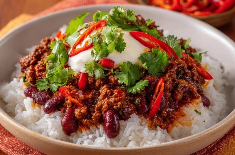 Saftiges Rindfleisch-Chili mit Reis