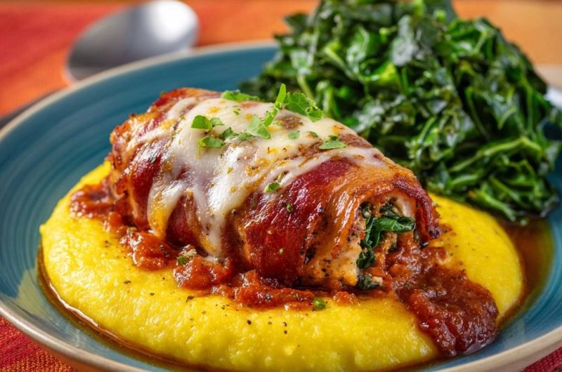 Speck-umwickeltes Hähnchen mit Spinatfüllung auf Polenta