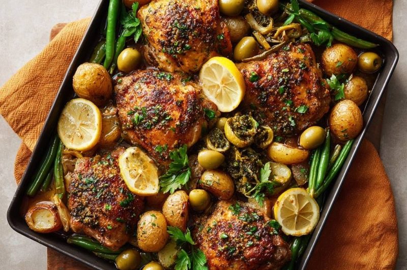 Zitroniges Blech-Hähnchen mit Oliven, Kartoffeln & Bohnen
