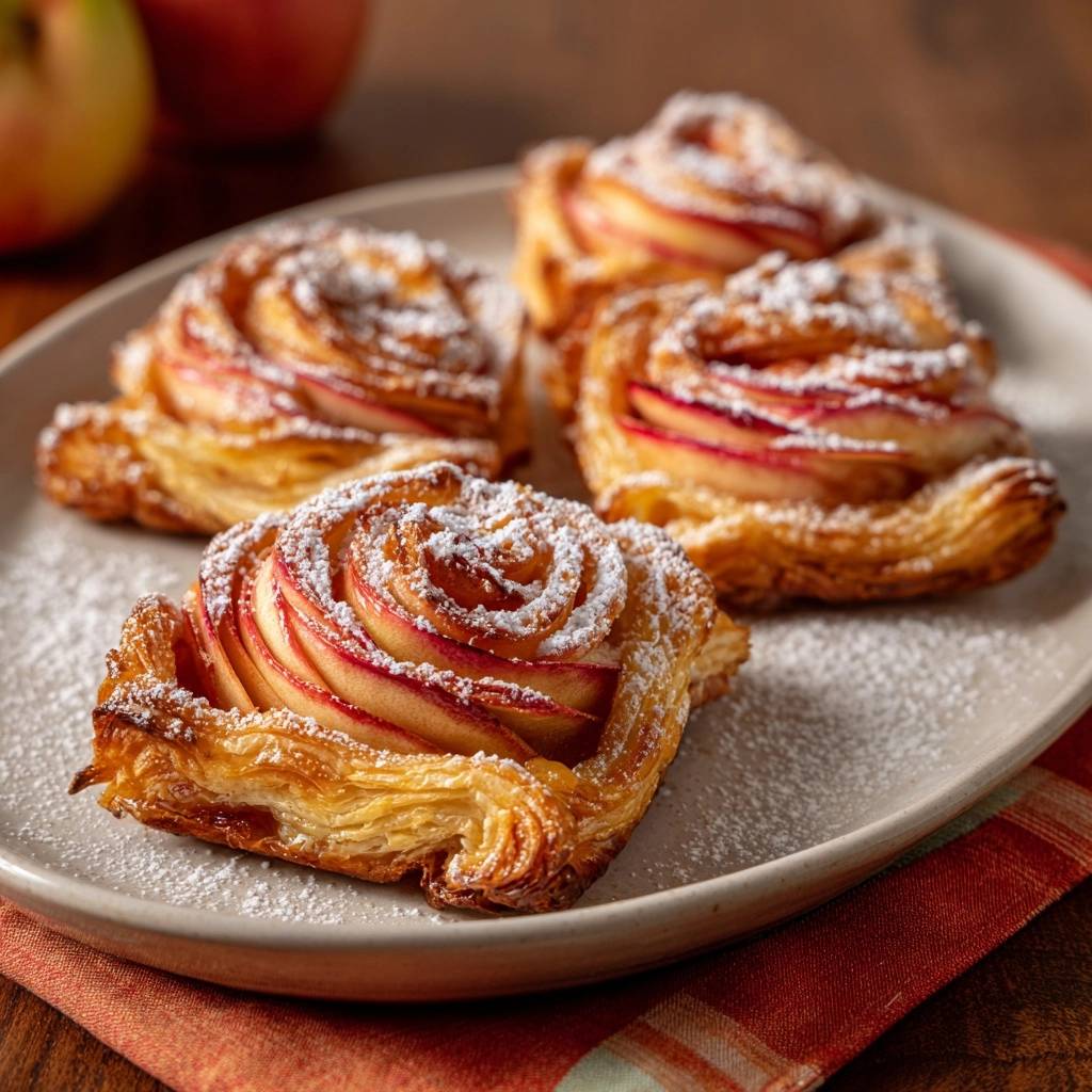 Apfel-Blätterteig-Rosetten mit Puderzucker bestäubt, Nahaufnahme der spiralförmigen Apfelscheiben und des Blätterteigs auf einem Teller.