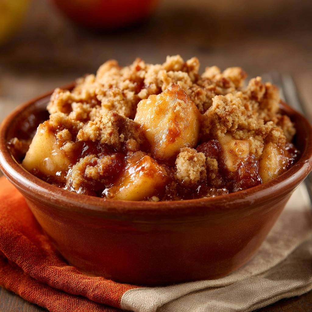 Knuspriger Apfel-Crumble als Nahaufnahme in einer Schüssel mit goldbrauner Streuseldecke und saftigen Apfelstücken.