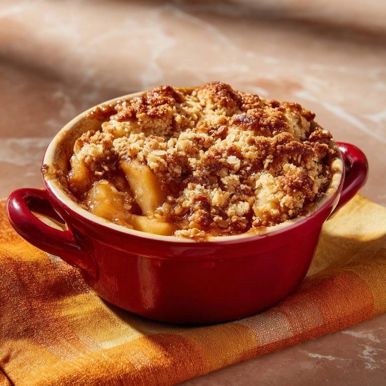 Apfel-Crumble mit goldbraunen, knusprigen Streuseln in einer roten Auflaufform, Nahaufnahme