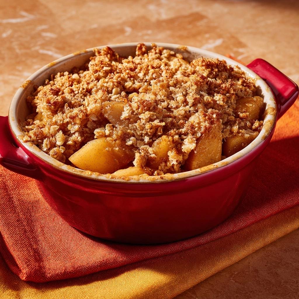 Apfel-Crumble in einer roten Auflaufform, nahaufnahme mit Fokus auf die knusprige Streuselhaube und die Fruchtstücke darunter.