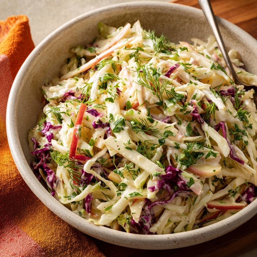 Knackiger Apfel-Dill-Coleslaw, ein detailreicher Blick auf die frische Garnitur aus Dill und Petersilie in einer Schüssel.