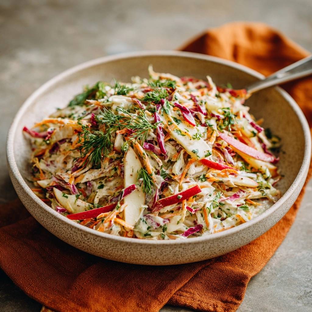 Knackiger Apfel-Dill-Coleslaw in einer Schüssel mit Dill garniert, Nahaufnahme eines cremigen und frischen Gerichts.