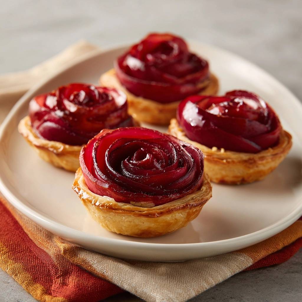 Apfel-Rosen-Törtchen, vier kunstvoll gebackene Törtchen mit roten Äpfeln, nahaufnahme auf einem Teller serviert