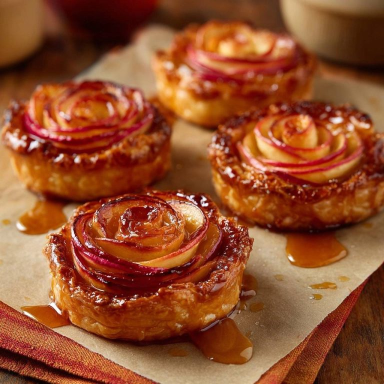 Apfel-Rosentartelettes als Nahaufnahme mit glasierten Apfelscheiben und karamelligem Guss auf Backpapier.