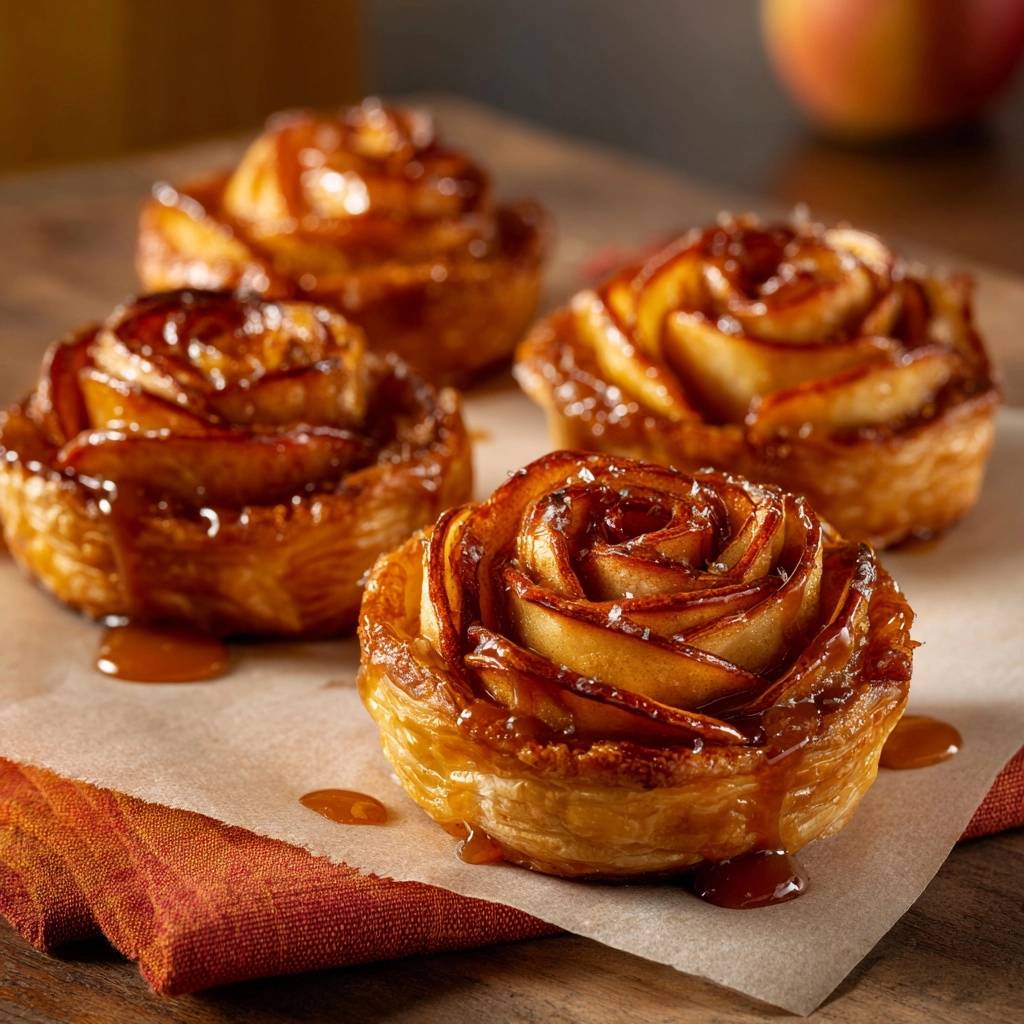 Apfel-Rosentartelettes mit glänzendem Karamell, Nahaufnahme der einzelnen Schichten und Teigstruktur.