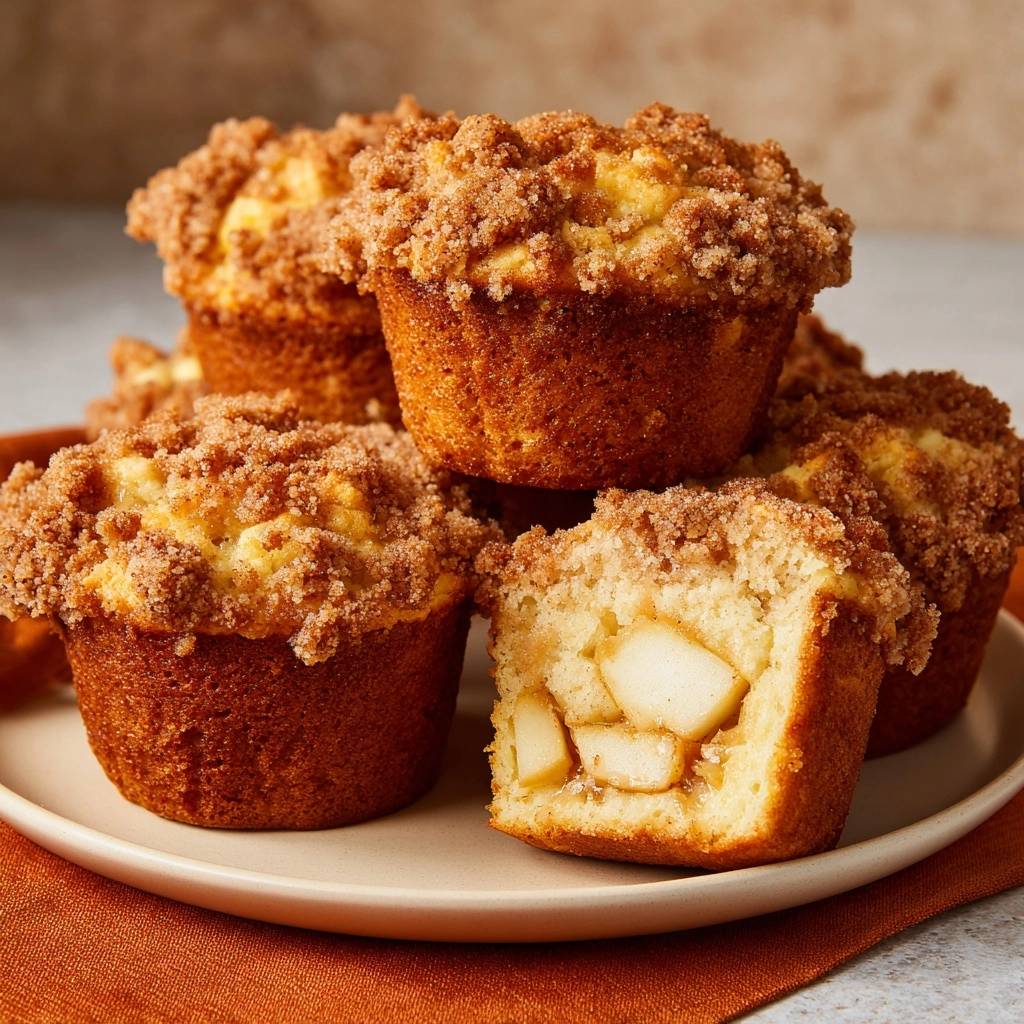 Saftige Apfel-Streusel-Muffins angeschnitten, die die saftigen Apfelstücke im Inneren zeigen.