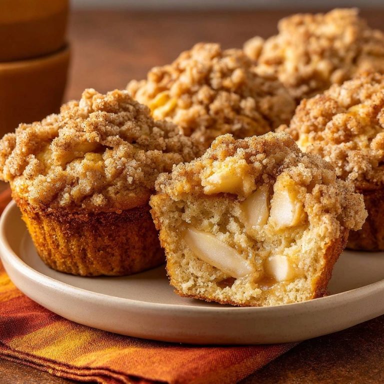 Saftige Apfel-Streusel-Muffins angeschnitten, die saftige Apfelstücke im Inneren zeigen.