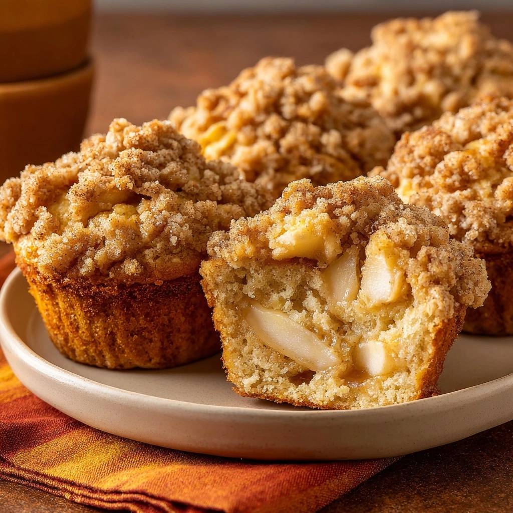 Saftige Apfel-Streusel-Muffins angeschnitten, die saftige Apfelstücke im Inneren zeigen.