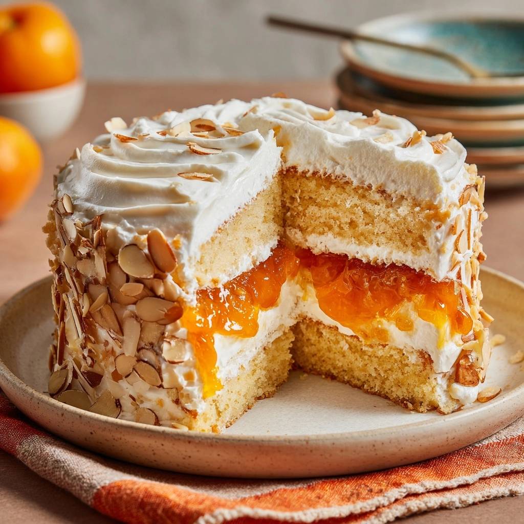 Aprikosen-Mandel-Sahnetorte angeschnitten mit saftiger Füllung und Mandeln an der Seite
