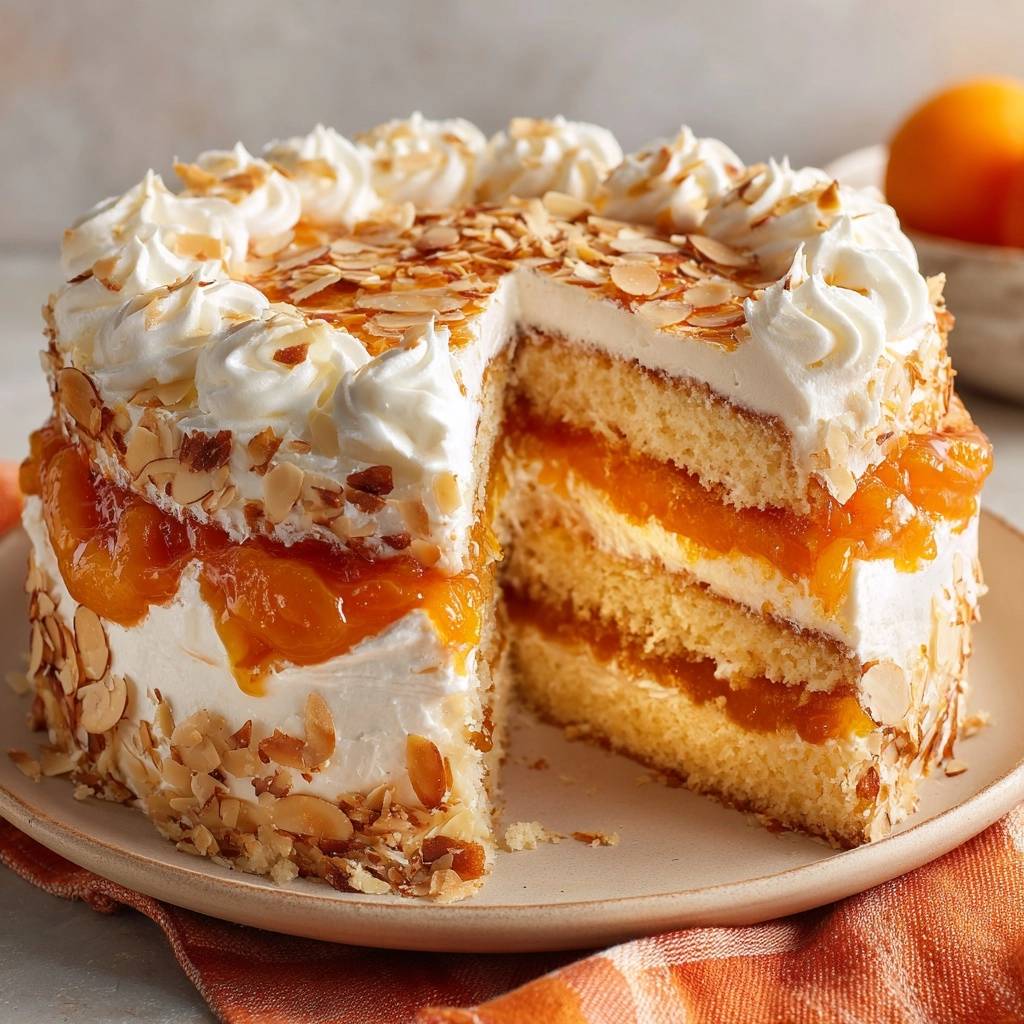 Aprikosen-Mandel-Sahnetorte angeschnitten, zeigt die Schichten aus Biskuit, Sahne und Aprikosenfüllung mit Mandeldekor