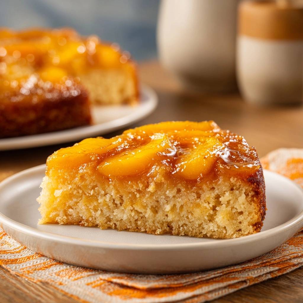 Aprikosen-Upside-Down-Kuchen als einzelnes Stück auf einem Teller serviert, mit zartem Teig und glasierten Aprikosen.