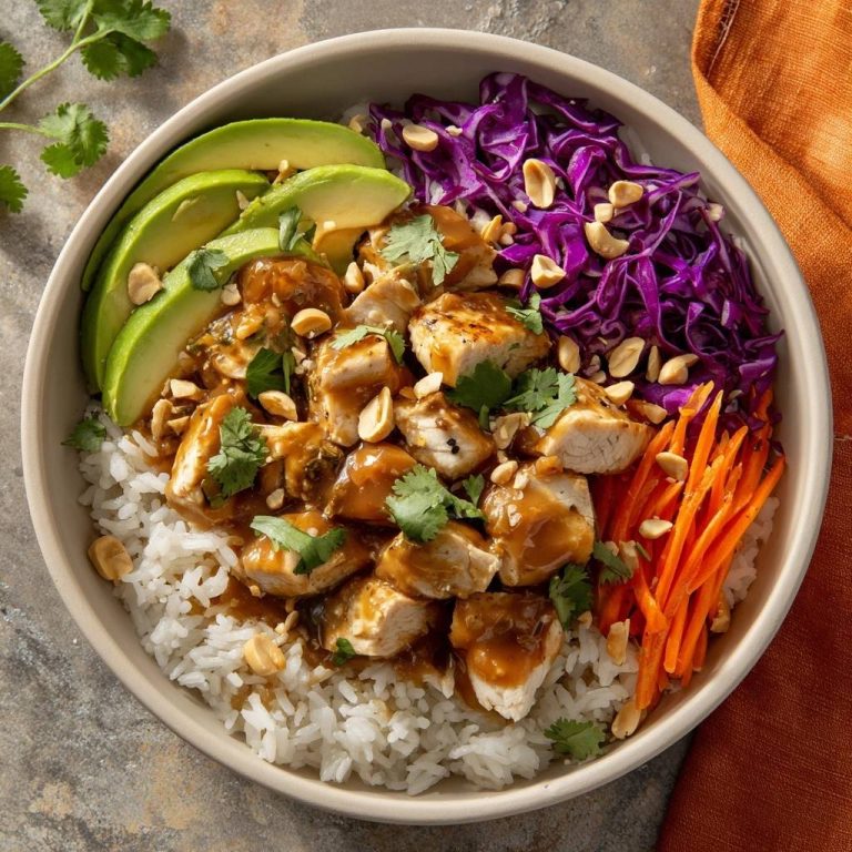 Asiatische Erdnuss-Hähnchen-Bowl mit Reis, Avocado, Rotkohl und Karotten, von oben fotografiert.