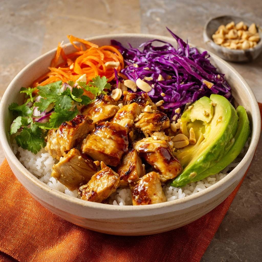Asiatische Erdnuss-Hähnchen-Bowl mit garnierten Hähnchenstücken, Avocado und bunten Gemüsebeilagen.