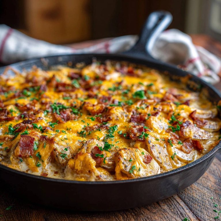 Cremige Bacon-Käse-Kartoffelpfanne mit geschmolzenem Käse und Speckwürfeln garniert, Nahaufnahme