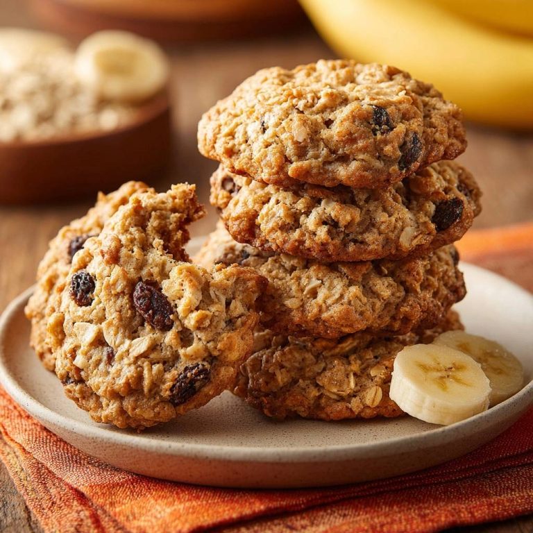 Saftige Bananen-Hafer-Rosinen-Kekse als Stapel mit Rosinen und Bananenscheiben auf einem Teller, nahaufnahme