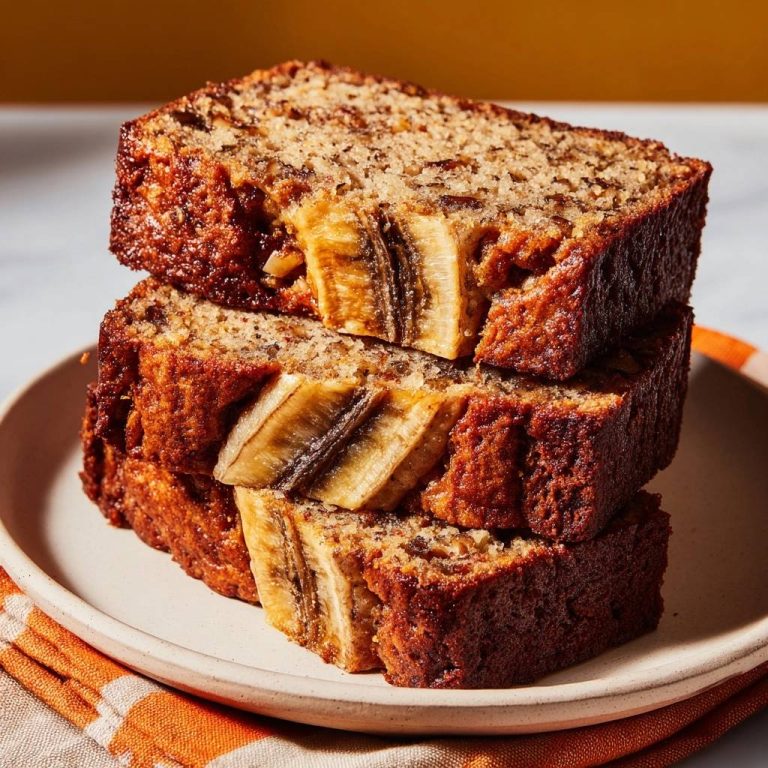 Saftiges Bananen-Nuss-Brot angeschnitten und gestapelt auf einem Teller, mit sichtbaren Bananenscheiben im Inneren.