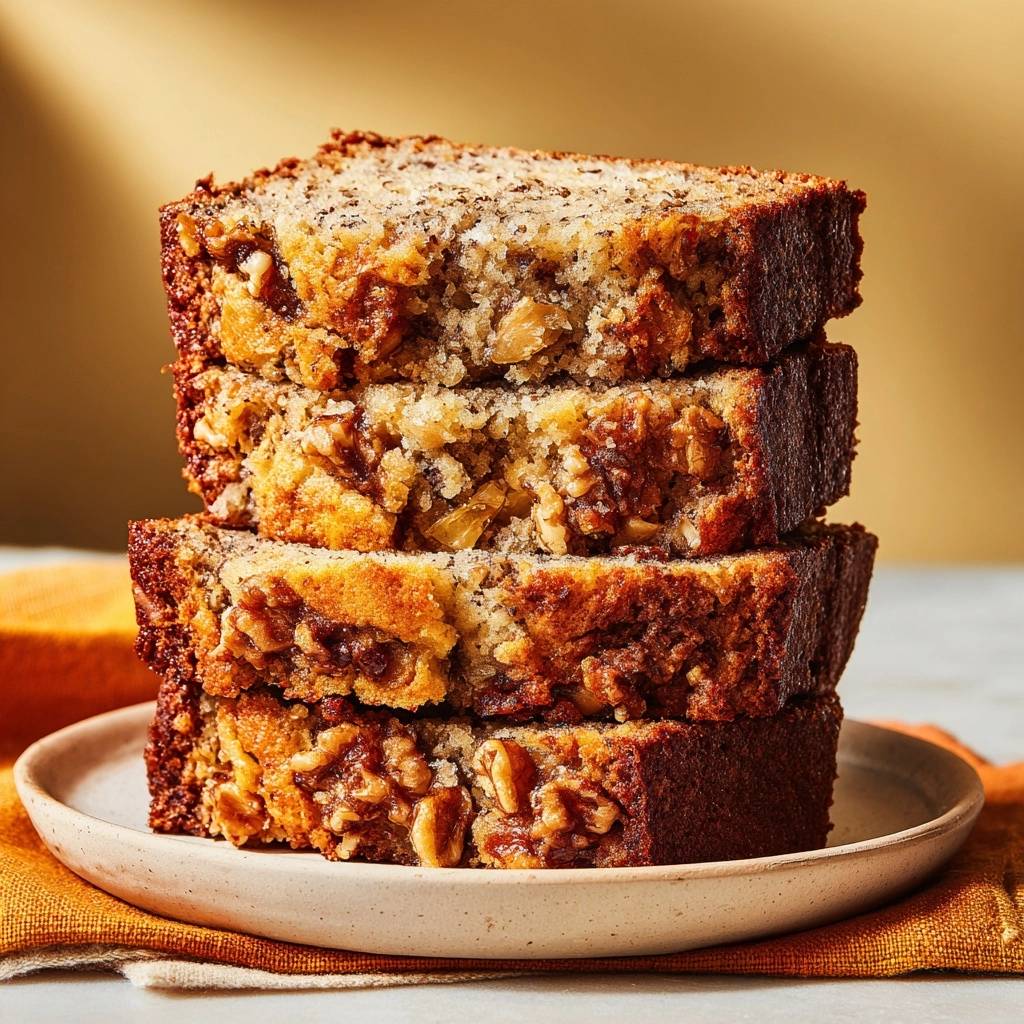 Saftiges Bananen-Nuss-Brot als aufgeschnittener Stapel auf einem Teller, mit Walnüssen und feuchter Krume