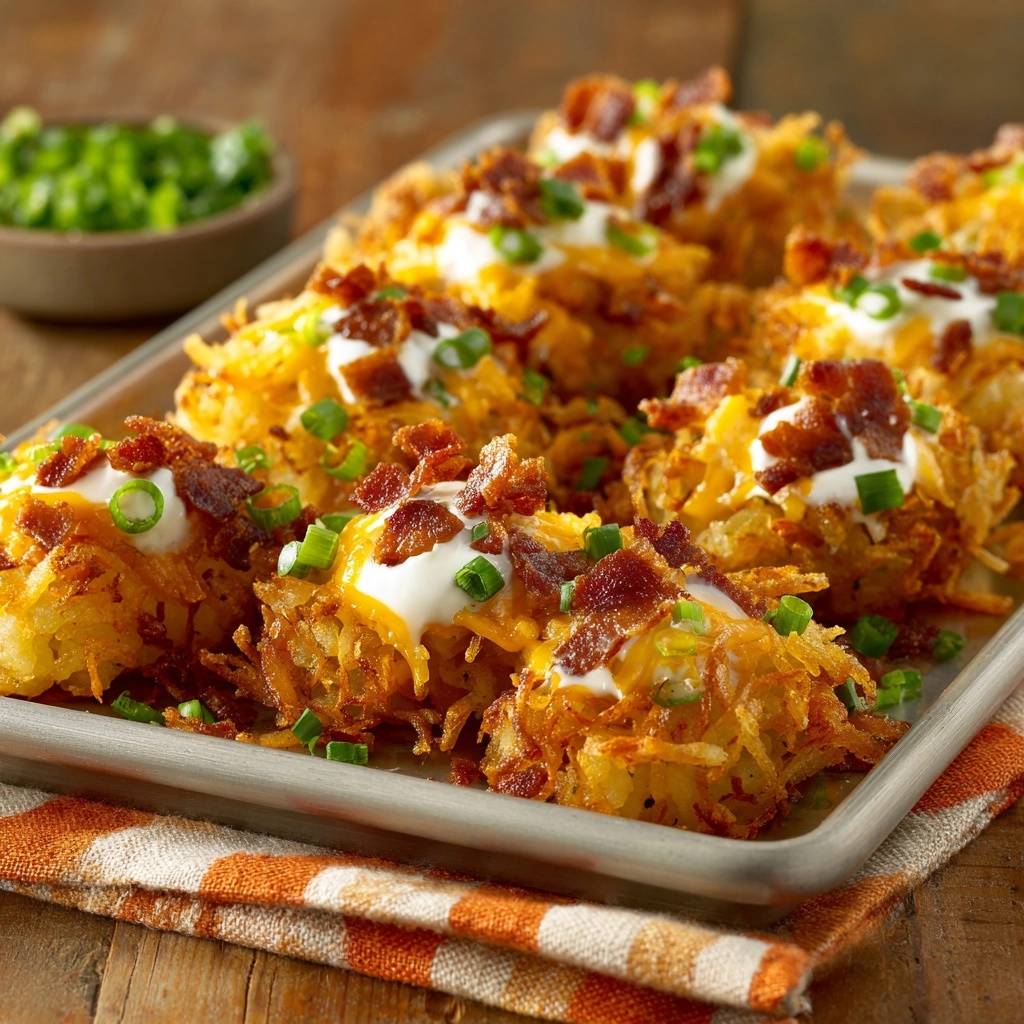 Beladene knusprige Kartoffelnuggets garniert mit Käse, saurer Sahne, Speck und Frühlingszwiebeln auf einem Blech