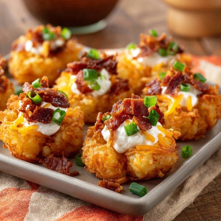 Beladene knusprige Kartoffelnuggets garniert mit Sauerrahm, Speck und Frühlingszwiebeln auf einem Teller