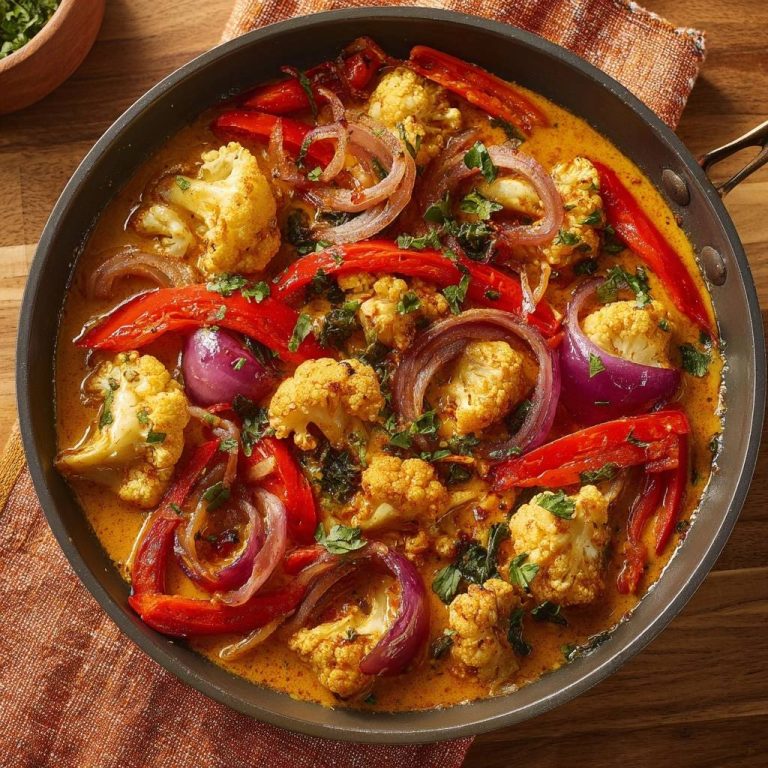 Knuspriges Blumenkohl-Curry mit Paprika in einer Pfanne, mit roten Zwiebeln und frischer Petersilie garniert