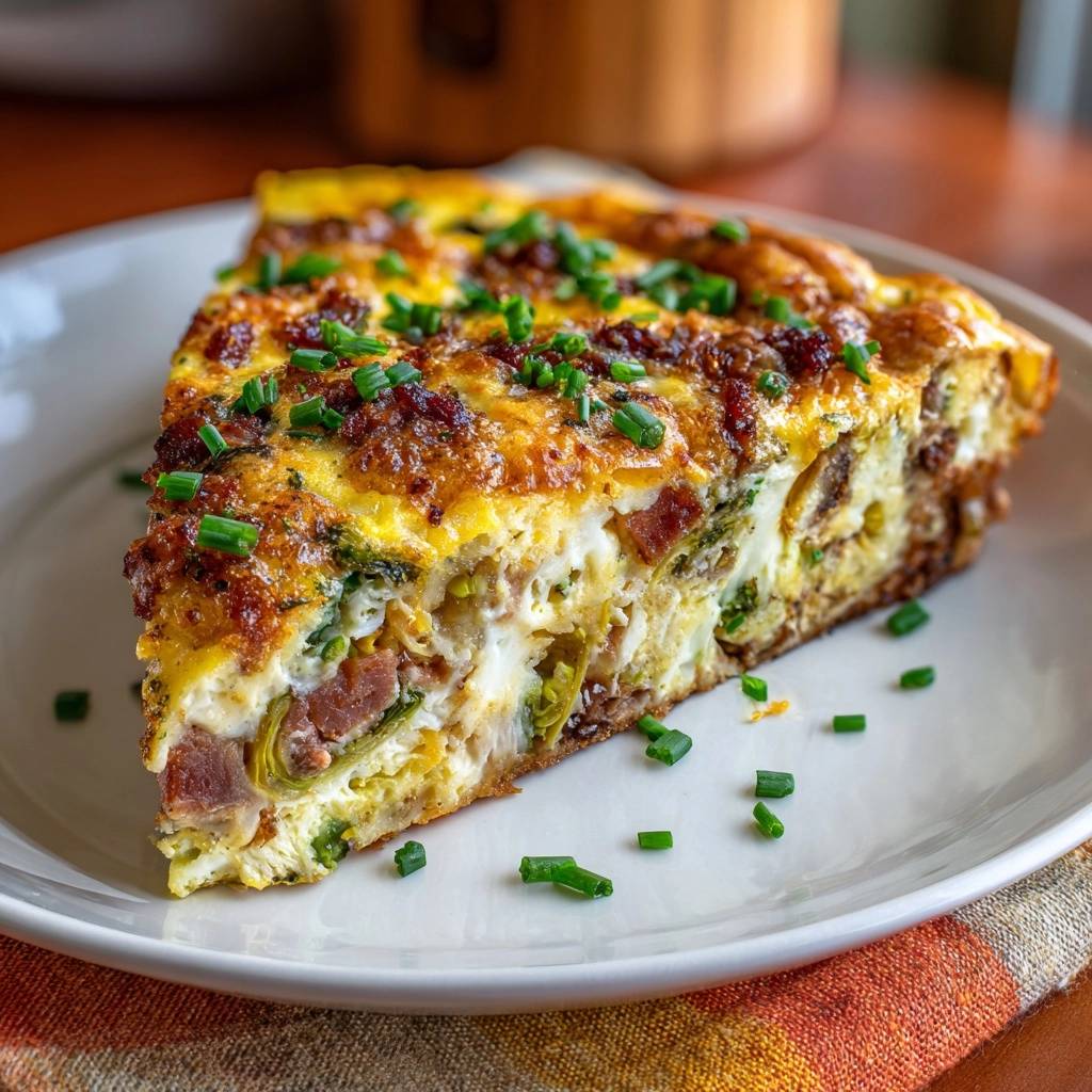 Brokkoli-Champignon-Käse-Quiche angeschnitten auf einem Teller, mit gehackten Kräutern garniert und Blick auf die Füllung.