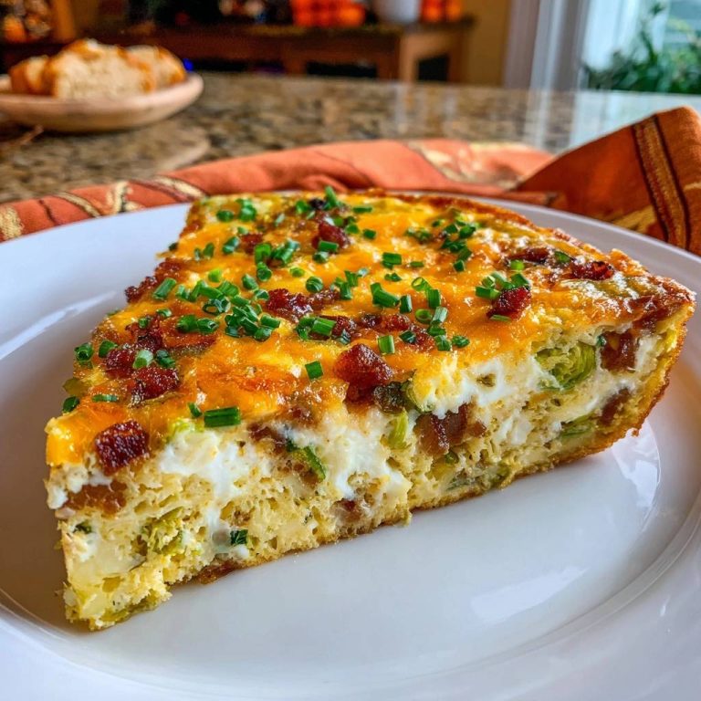 Brokkoli-Champignon-Käse-Quiche angeschnitten auf einem Teller, mit Speck und Schnittlauch garniert, zeigt die saftige Füllung.