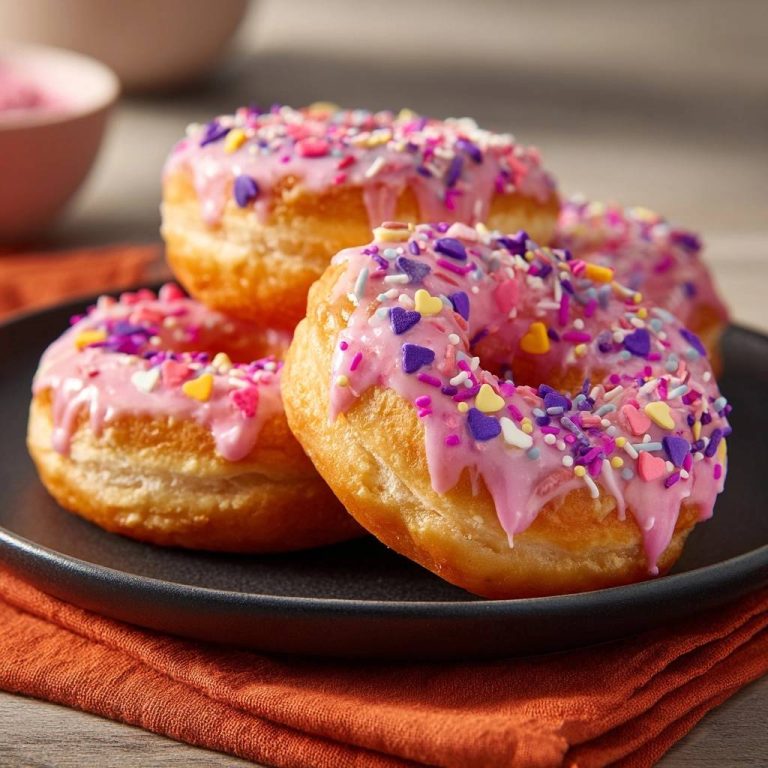 Bunte Glasur-Donuts mit Herz-Streuseln und Zuckerguss, Nahaufnahme der bunten Dekoration auf einem Teller