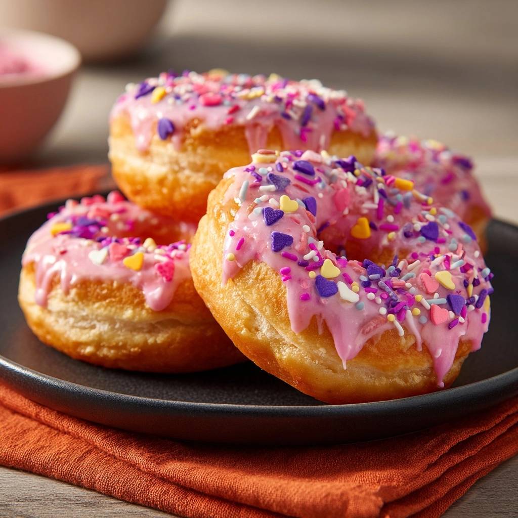 Bunte Glasur-Donuts mit Herz-Streuseln und Zuckerguss, Nahaufnahme der bunten Dekoration auf einem Teller